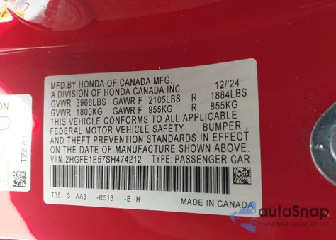 2025 Honda Civic Si Base W/High Performance Summer Tires/ z USA, uszkodzony, nr VIN 2HGFE1E57SH474212